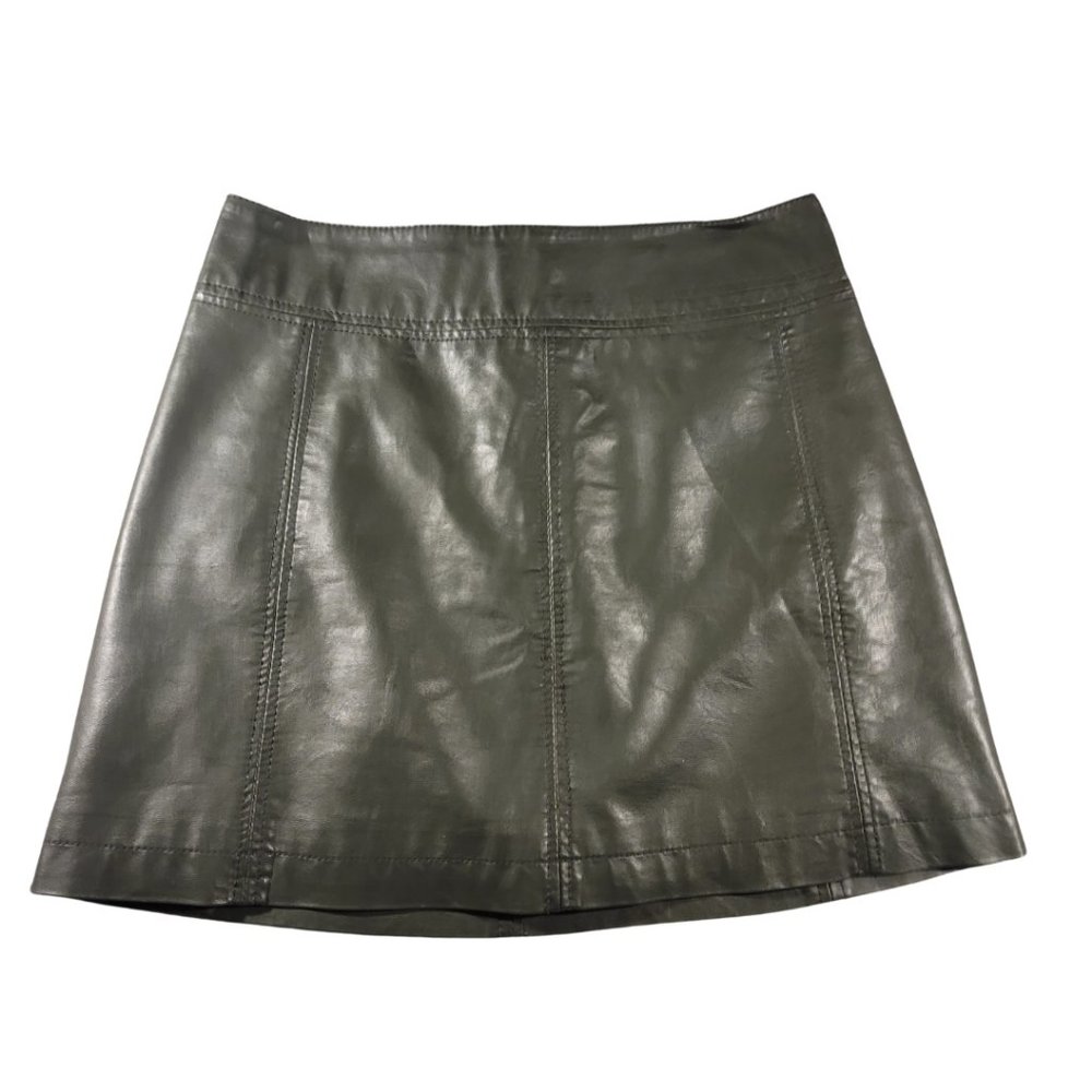 Free People Olive Green Vegan Faux Leather Mini Skirt Size 2 EUC